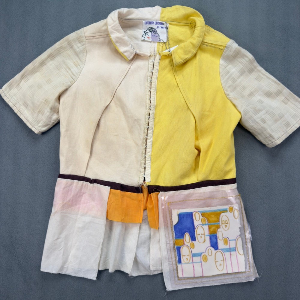Drowsy Urchin by KT Mitts Colorblock Art to Wear Peplum Top Yellow Cream Denim